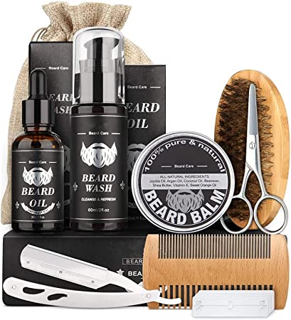 Productos y utensilios varios de aseo personal. Un peine, una navaja, unas tijeras, un cepillo, Dos botellas de diferente tamaño y un frasco circular.